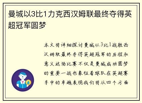 曼城以3比1力克西汉姆联最终夺得英超冠军圆梦