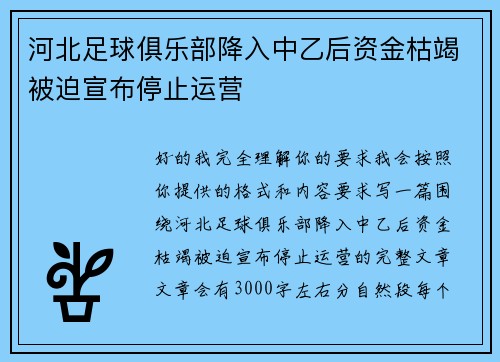 河北足球俱乐部降入中乙后资金枯竭被迫宣布停止运营